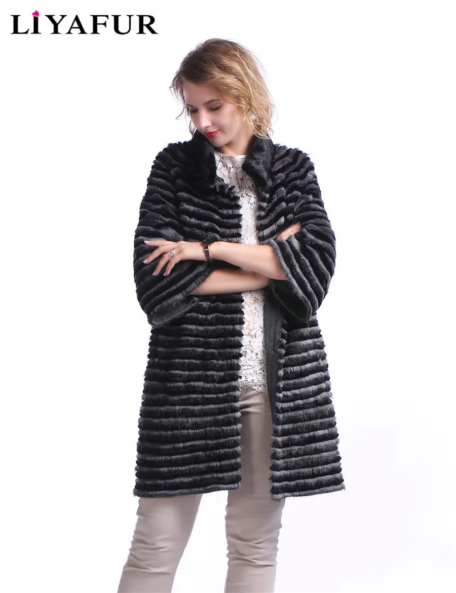 LIYAFUR New Style Real Genuine Mink Fur With Rex Rabbit Stripped Long Coat For Women Natural Cardigan Lining Outerwear|mink fur|genuine minkreal mink