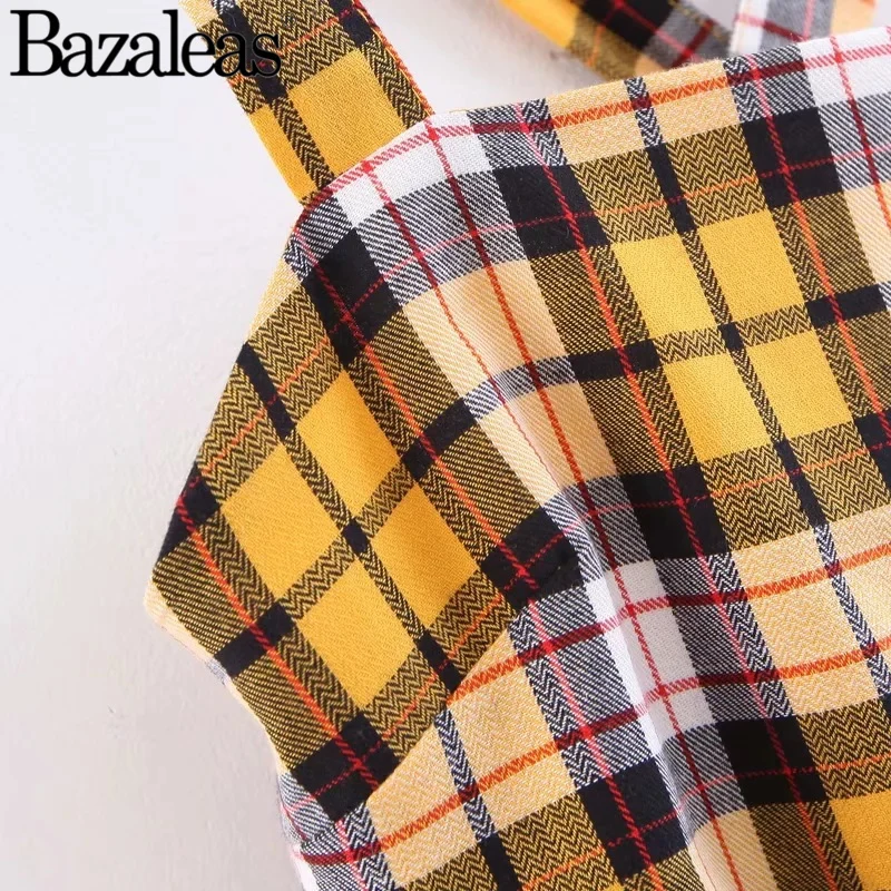 Bazaleas желтое клетчатое женское платье мини платья Vestidos Повседневное платье с перекрещивающимися сзади бретельками без рукавов