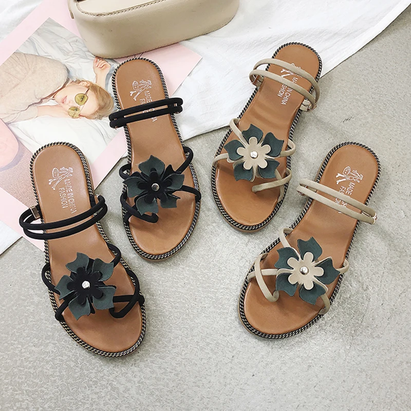 Женские шлепанцы с цветочным принтом пляжные на плоской подошве летняя обувь 7252 |