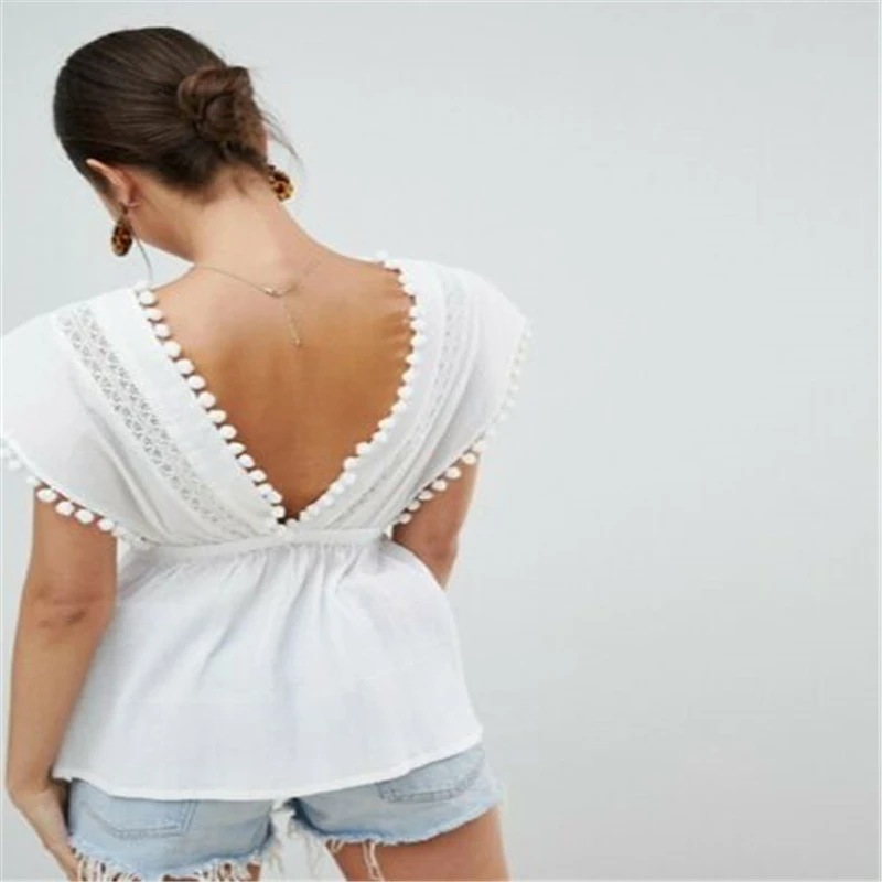 Ladies Women Summer Top Loose Casual Chiffon Short Sleeve Hollow V-neck Blouse Tassel Solid White | Женская одежда