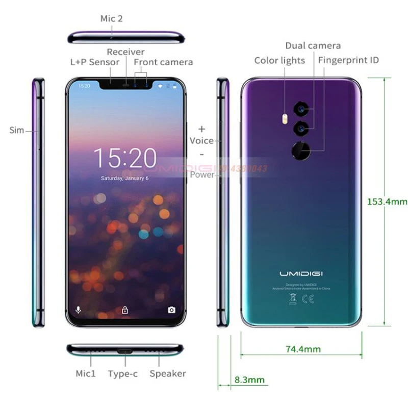 Umidigi Z2 Helio P23 6 ГБ Оперативная память 4G B Встроенная мобильного телефона 2 "FHD +