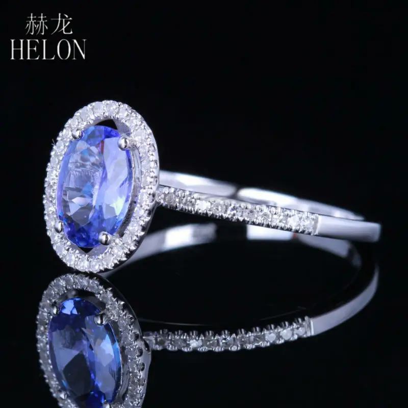 HELON Solid 14 K/585 Белое золото 7x5 мм Овальный 0.83ct Танзанит паве бриллианты 0.2ct обручальное свадебное кольцо для женских ювелирных изделий