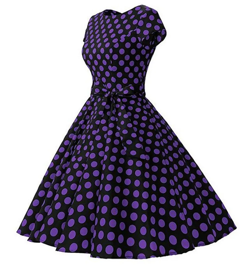 Черный и фиолетовый горох o образным вырезом женское платье Винтаж 1950 S с рукавом