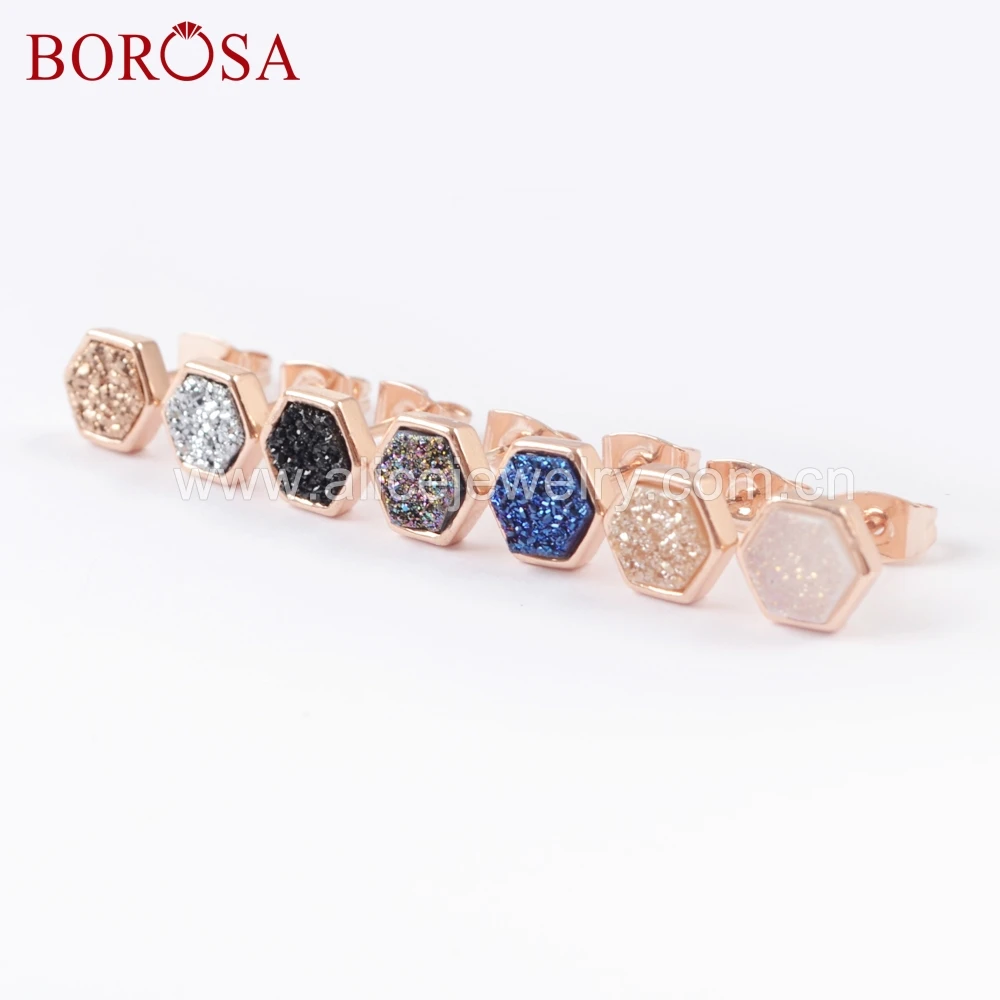 Шестигранные серьги гвоздики BOROSA цвета розового золота титановые радужные друзы