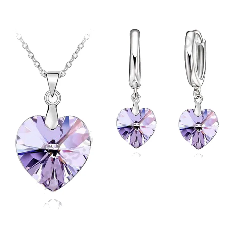 

Romantic Violet SW Crystal Ocean Heart 925 Sterling Silver Pendant Necklace Earring Jewelry Set With Lever Back Earring