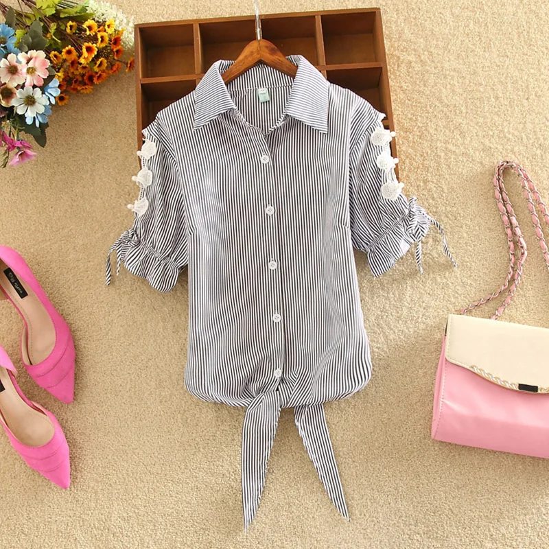 Женские кружевные блузки полосатые рубашки для девушек лето 2018 отложной