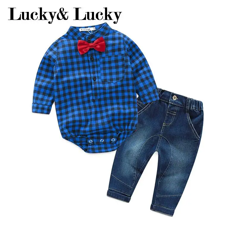 Новый синий клетчатый комбинезон рубашки с красным бантом + джинсы одежда для