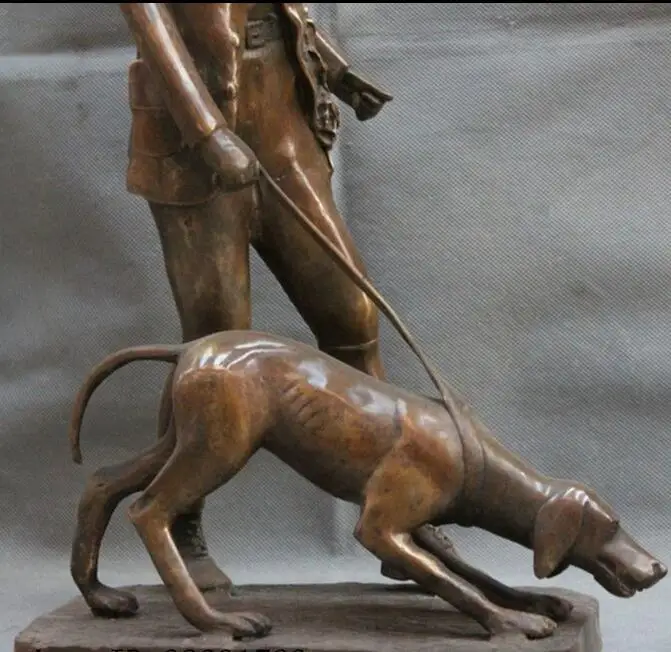 Китай Китайский медный мальчик полицейский поиск с собакой статуя фигура|copper wire