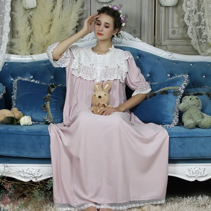 Deep Pink Летние хлопковые винтажные женские длинные ночные рубашки с коротким рукавом элегантное платье принцессы для сна Женское ночное белье большого размера ночное белье - Цвет: Deep Pink