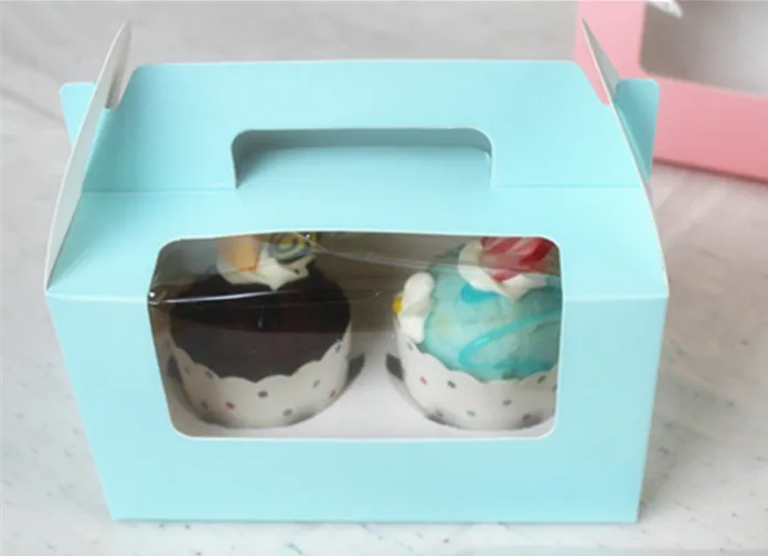 

Free shipping pink blue baking package 2 cupcake pudding box dessert packing boxes muffin cake decoration favors supply