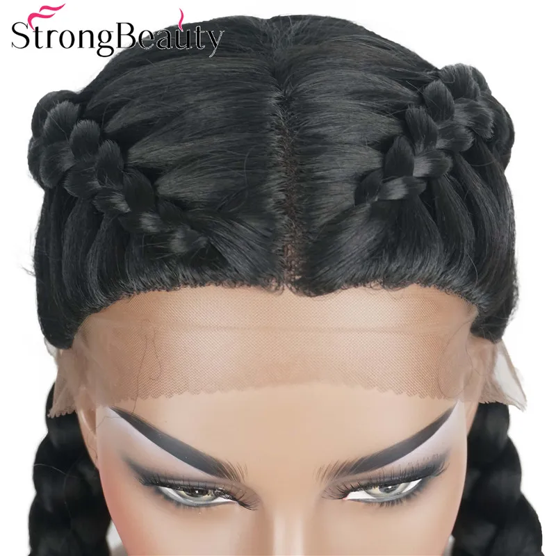 StrongBeauty, две косы, волосы на шнурках, передние парики для женщин, синтетические волосы, длинный черный парик на шнурке
