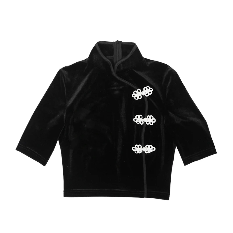 black InstaHot Ципао с коротким рукавом футболки женские китайский Винтажный стиль кроп топы элегантные черные бархатные футболки весна Новая мода - Цвет: black