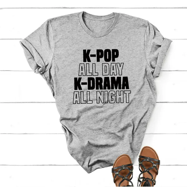 K-Pop All Day K-Drama All Night футболка Женская Корейская Южная Мода KPop Merch футболка хлопок короткий рукав топы - Цвет: gray