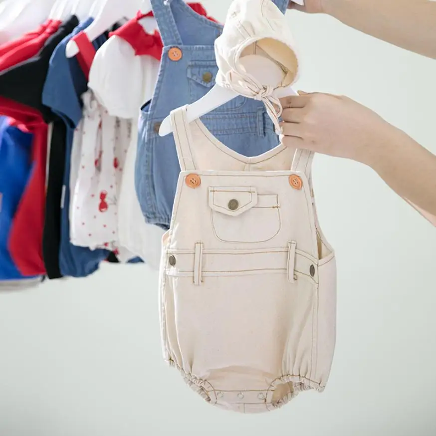 Джинсовый комбинезон для мальчиков и девочек летний с шапкой однотонные джинсы