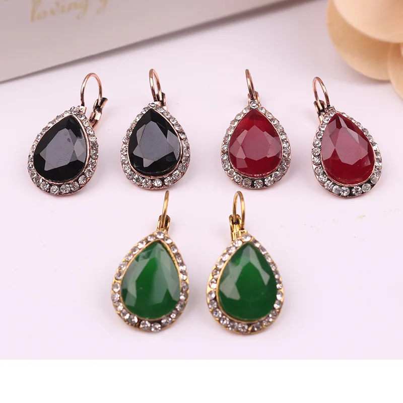 Turkish Earrings Jewelry Simple Waterdrop Vintage Gold Black Green Red Small Clips Ears Dangle Piercing Earrings For Women 2018
