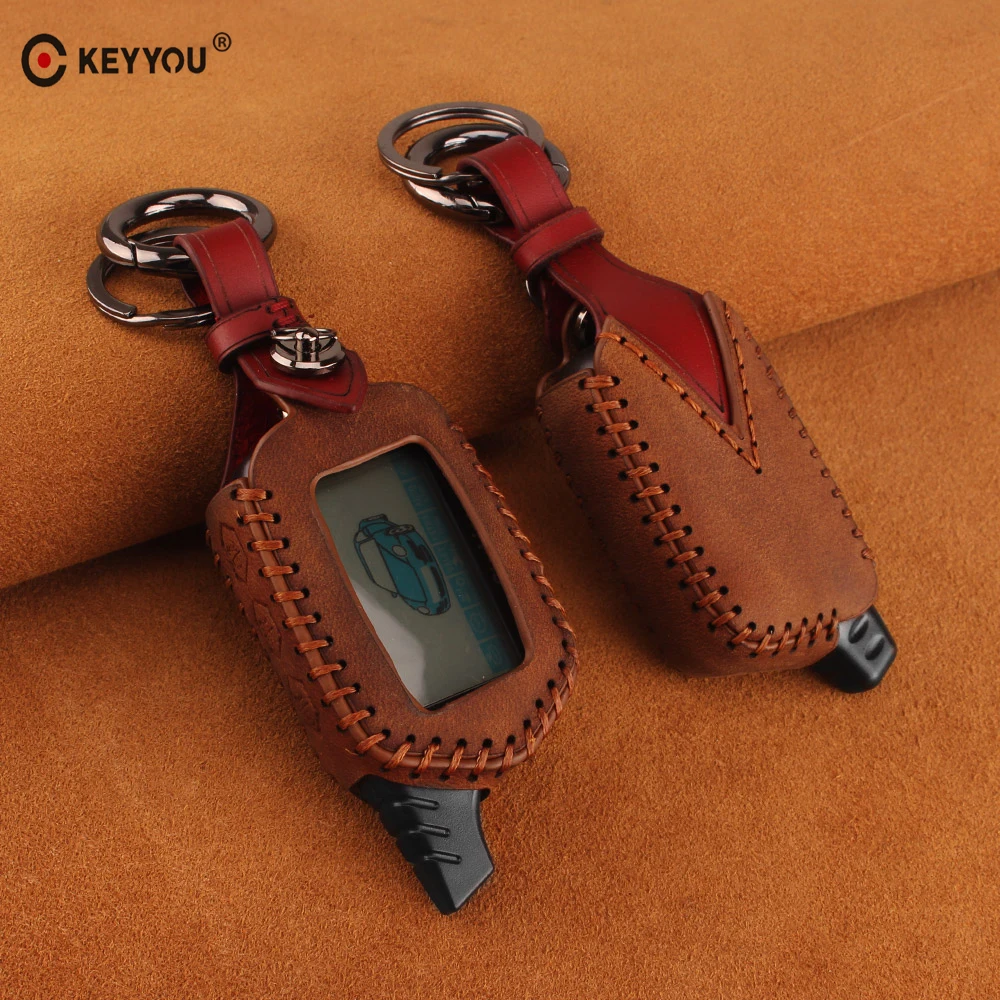

KEYYOU B9/B6 Leather Car Key Case Keychain Fob For Starline B9 B6 A91 A61 Remote Controller LCD Key Case 2 Way Car Alarm