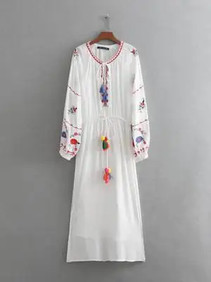 2018 za летнее Для женщин Европейский extoic Хлопок embroideried Цветочные кисточкой Макси