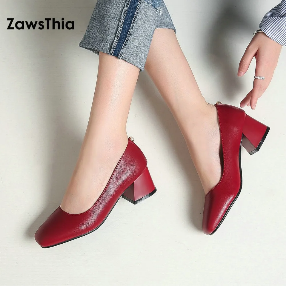 ZawsThia/ г. Новые весенние офисные туфли-лодочки на Высоком толстом каблуке из PU искусственной кожи женская обувь с украшением из жемчуга сзади, большой размер 42, 43, 44