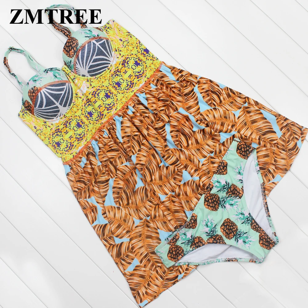 ZMTREE 2017 женские танкини с принтом комплект бикини пуш-ап купальник бандажный
