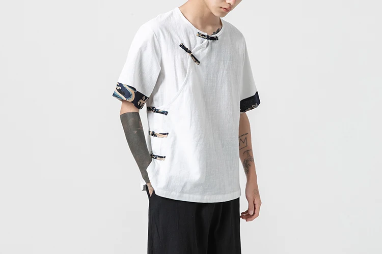 Sinicism Store мужские лоскутные футболки Harajuku уличная летняя хлопковая льняной Топ Мужская футболка в китайском стиле белые футболки