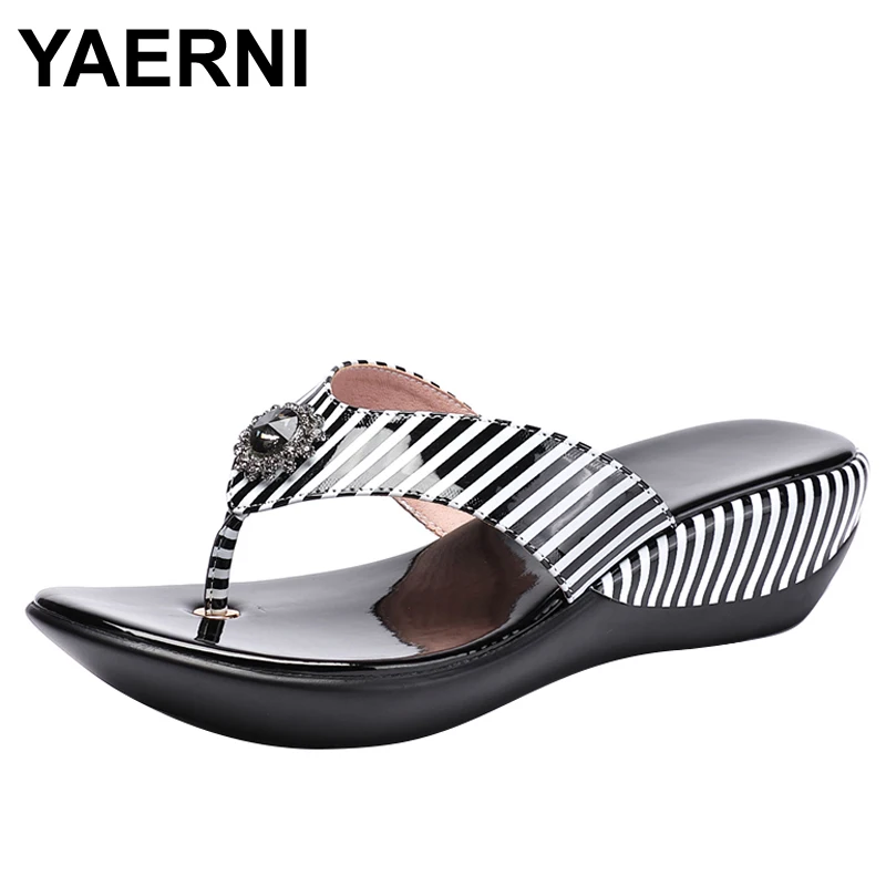 

YAERNI 2019 Summer Platform Flip Flops Fashion Beach Shoes Woman Anti-slip Genuine Leather Sandals Women Slippers Shoe