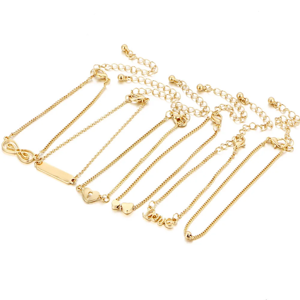 GERUISHA 6PCS Ankle Bracelet Set Boho Jewelry Bohemian Gold Chains Infinity Double Heart Love Lock Charm Bracelets For Women Ank | Украшения