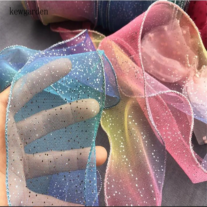 

Glitter Powder Lace Gauze Voile Ribbon 8CM Rainbow Gradient Handmade Tape DIY Hair Bowknot Accessories Webbing 20 Meters / Lot