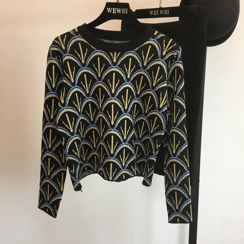 ALPHALMODA осень-зима с рисунком вязаный свитер+ юбка русалки женский комплект одежды из 2 предметов OL Повседневный вязаный костюм с юбкой