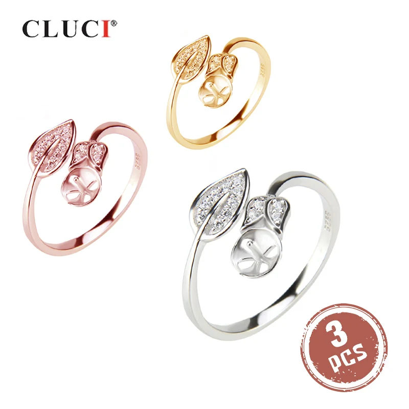 

CLUCI 3pcs 925 Sterling Silver Rose Gold Ring Women Adjustable Pearl Ring Mounting Leaf Shape Ring Jewelry SR2058SB