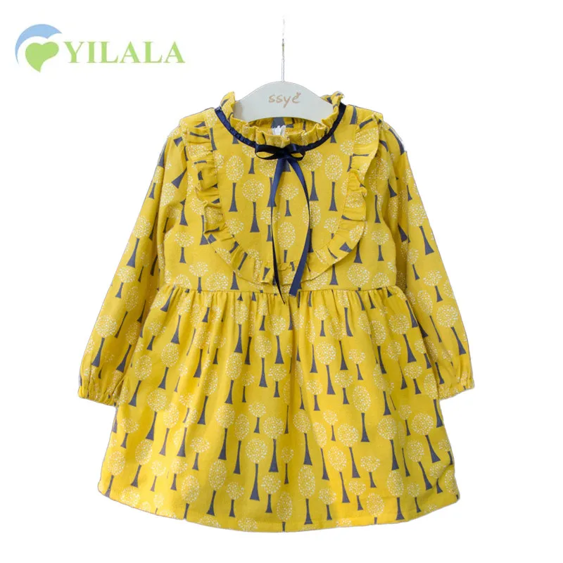 Желтое платье для маленьких девочек с длинными рукавами и круглым вырезом