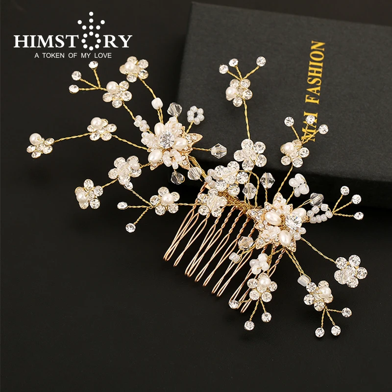 

HIMSTORY Handmade Flower Wedding Accessories Bridal Hair Comb Piece Clear Austrian Crystal Bridesmaid Headpiece Haircomb