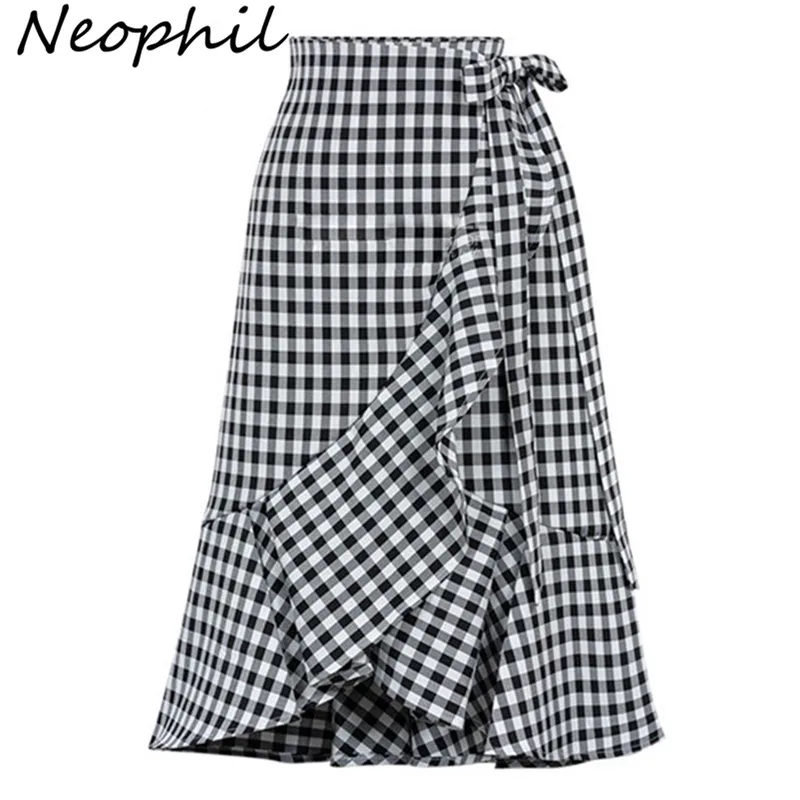 

Neophil 2021 Summer Plaid Pattern England Style Mermaid Midi Women Skirt Sashes Vintage Ladies Office Wear Work Jupe Femme S1530