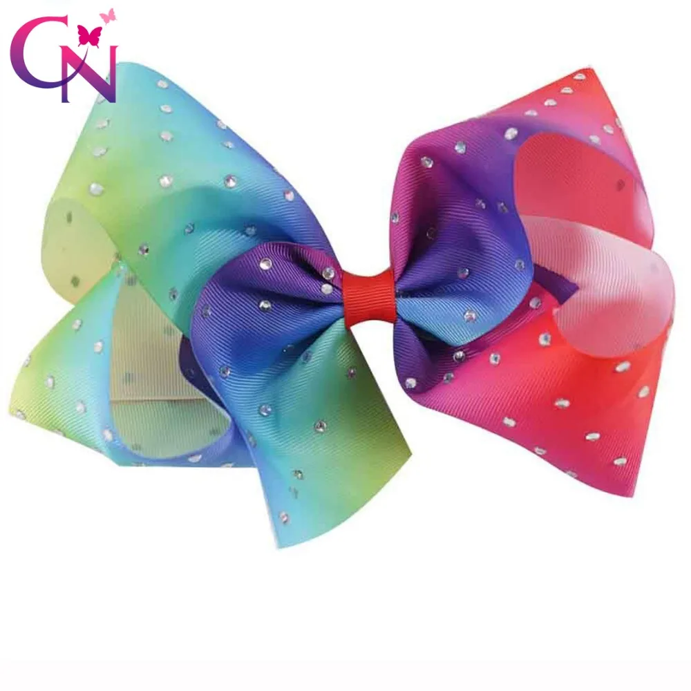 

10 Pieces/lot 7" Rainbow Hair Bows With Clips For Girls Kids Large Ribbon Printed Rhinestone Bows Hairgrips Hair Accessories