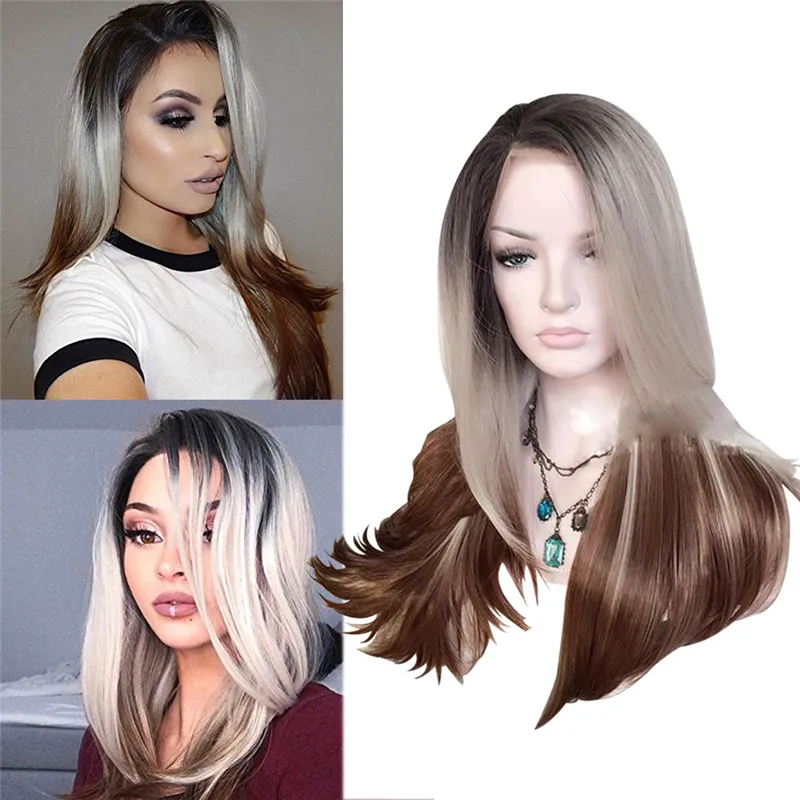 Волосы длинные прямые Ombre пепельный блондин термостойкие синтетические Two Tone