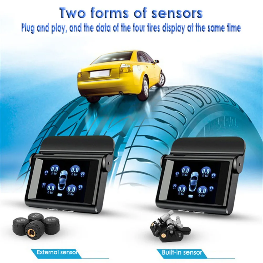 Универсальная система контроля давления в автомобильных шинах TPMS, ЖК-дисплей, солнечная энергия, 4 внешних датчика, система автоматической сигнализации