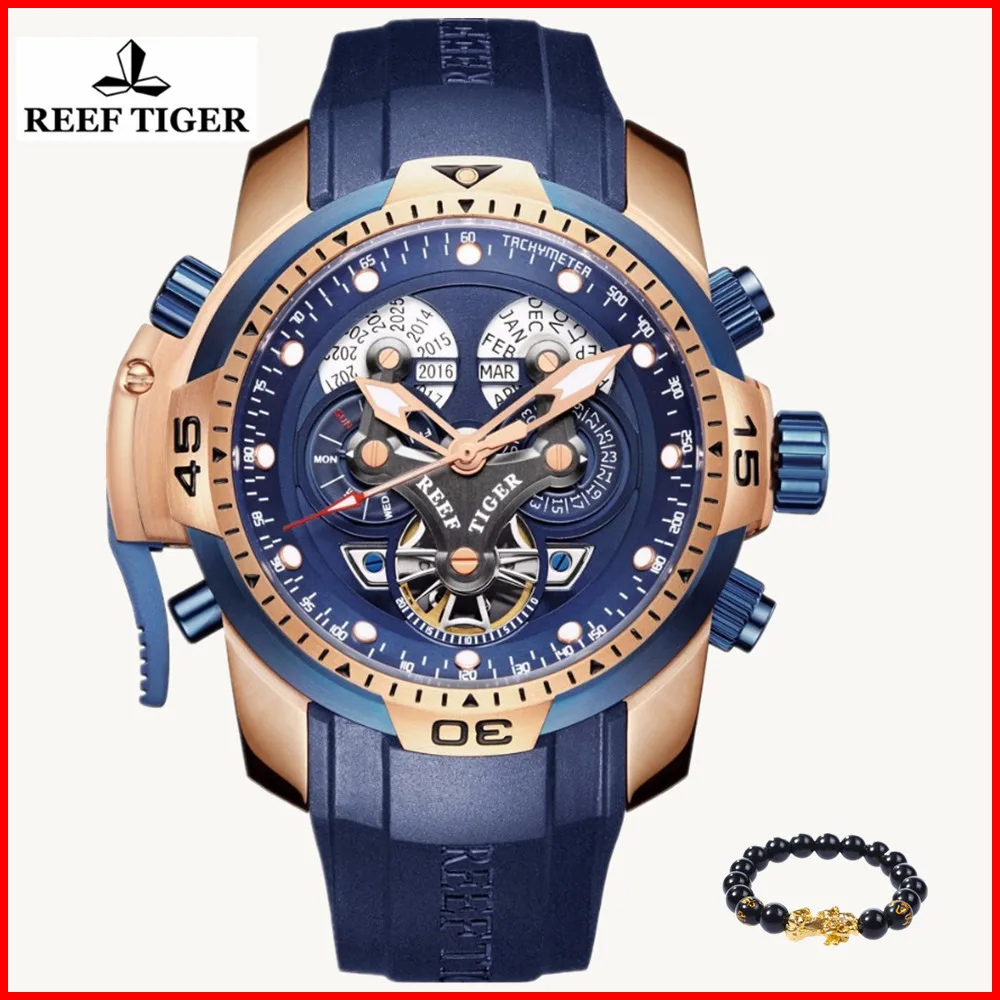 Мужские автоматические часы Reef Tiger спортивные стальные механические с синим