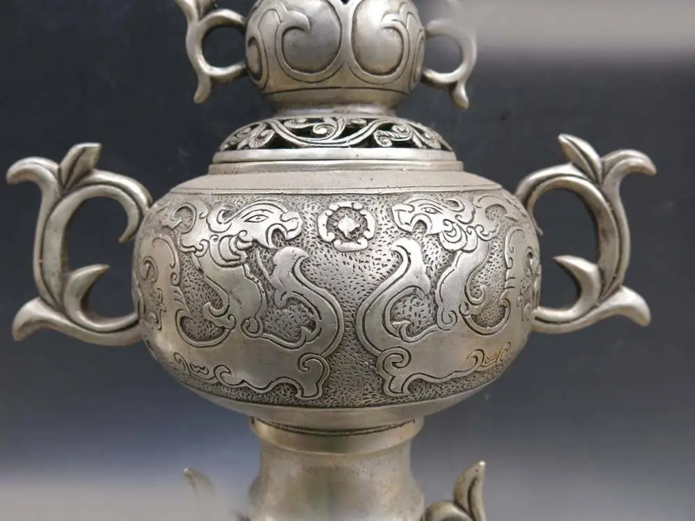 15 &quotКитайский серебряный вырезанный на удачу Дракон Красивая ценсер ваза