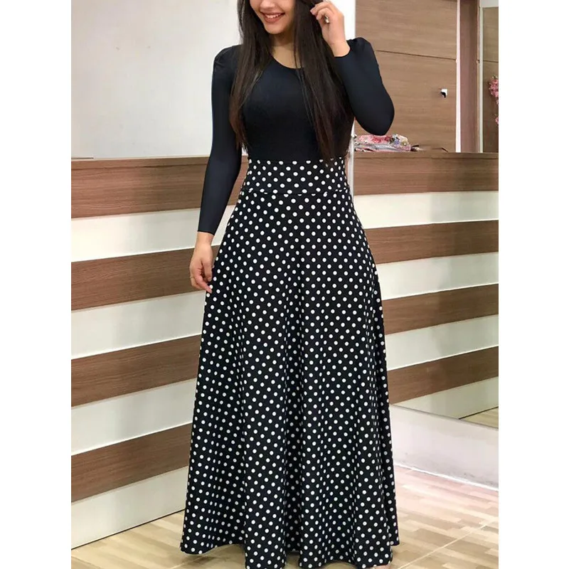 Повседневное принт 4XL 5XL плюс размеры макси платье в богемном стиле Boho Летнее халат женское элегантное Длинные платья Пляжная одежда Vestidos - Цвет: Black Dot -Long