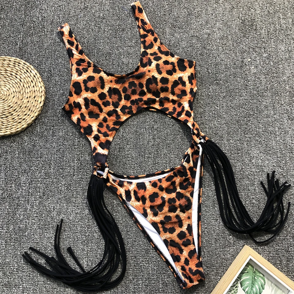 

JillPeri Women High Waist Leopard Tassel Bodysuit Hollow Out Patchwork One Piece Bikini Beach Wear Sexy Vacation Swimming Suit