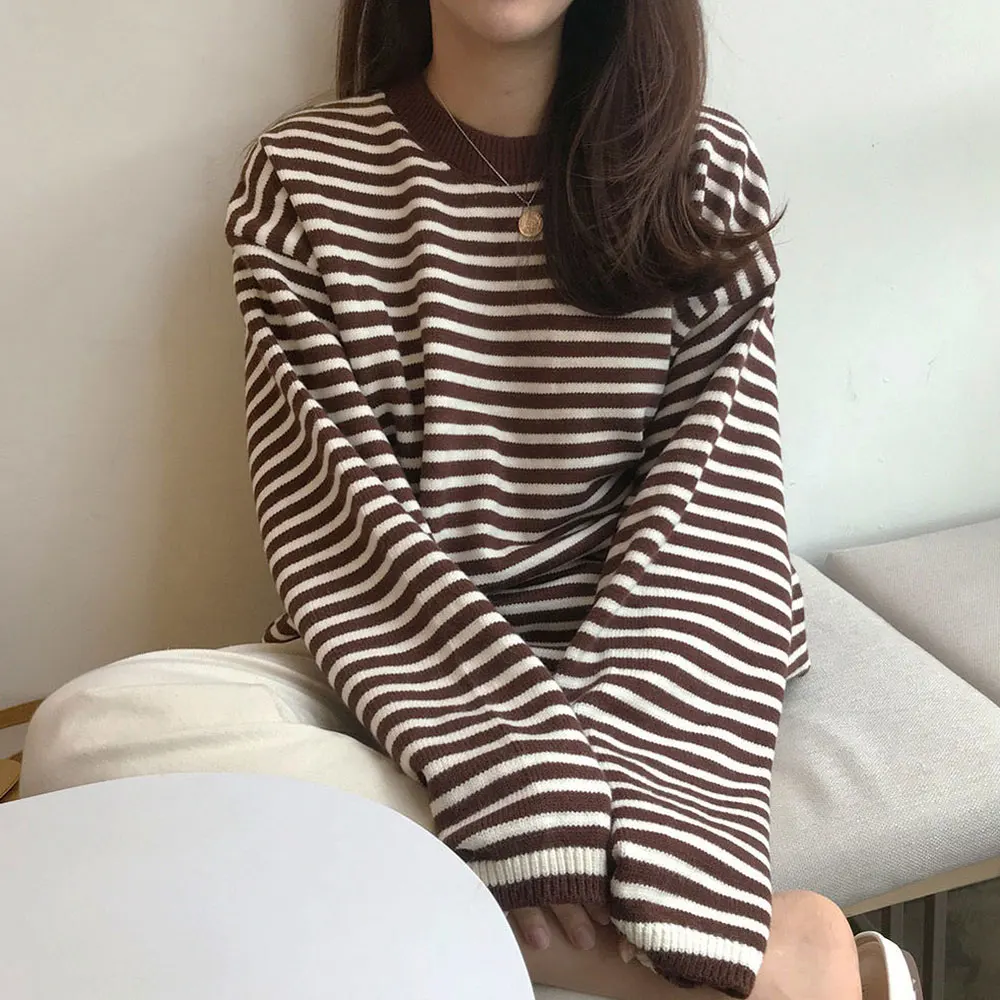 Women's Clothing Cute Kawaii Ins Chic Stripe Contrast Color Knit Sweater Lady Harajuku Ulzzang Sweaters For Women Casual | Женская