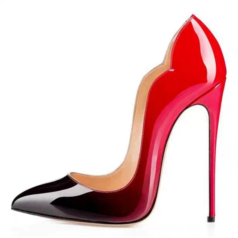 SIMLOVEYO woman ladies super thin High heels 10cm 13cm pumps Pointed toe Slip on Patent leather Shallow office lady shoes pink - Цвет: Gradient red