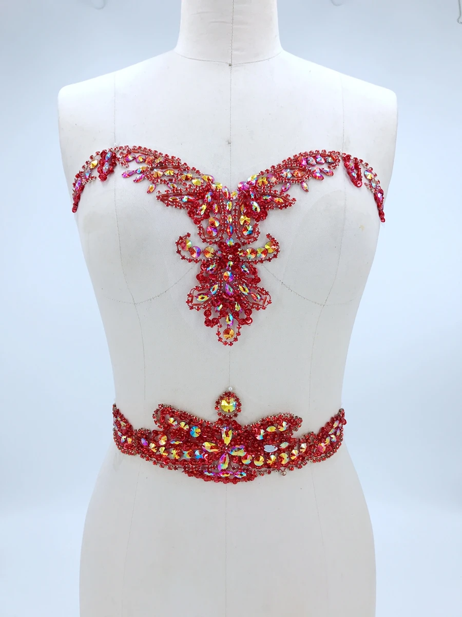

handmade sew on red rhinestones applique on mesh crystals trim patches 34*20cm&30*9cm for dress DIY accessories