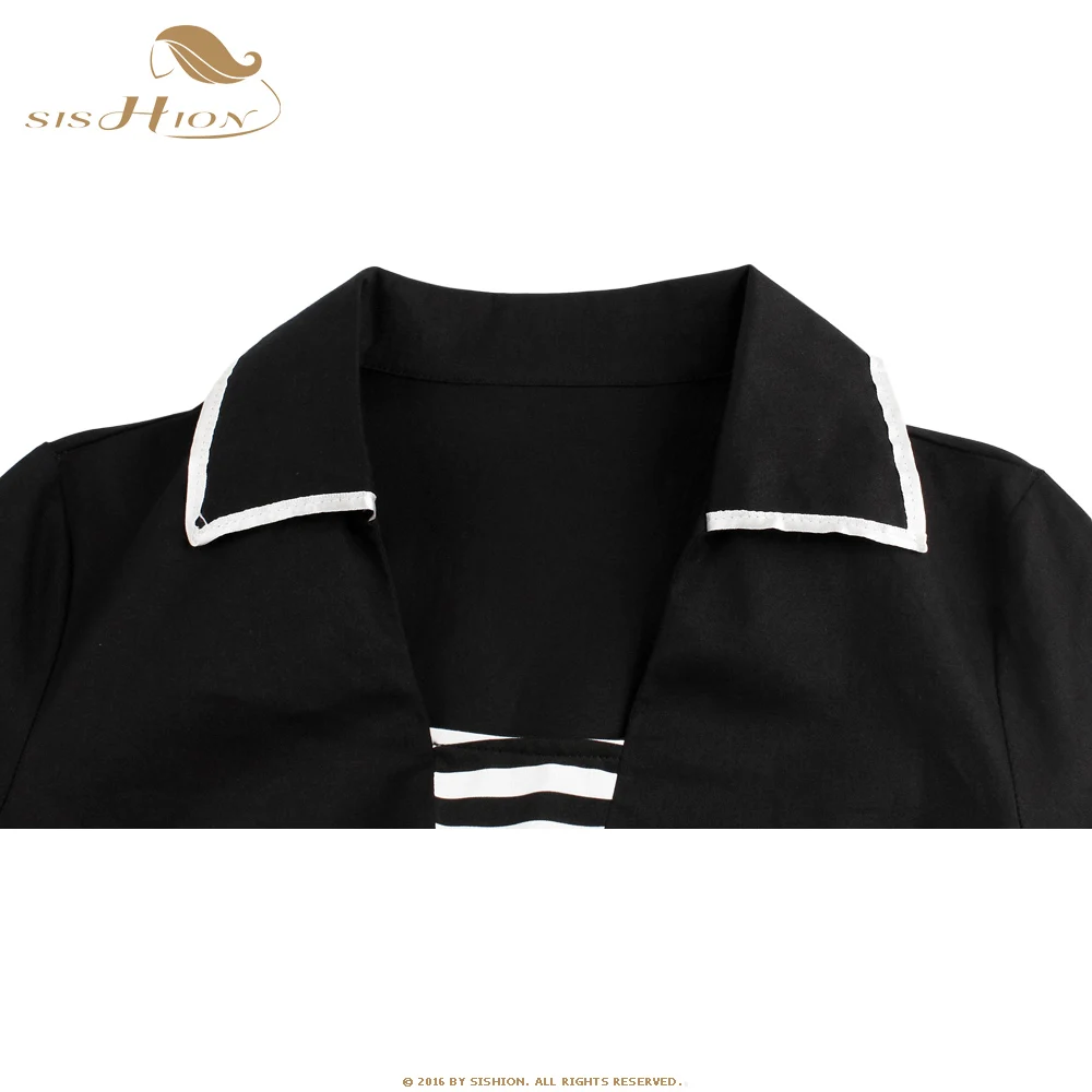 

SISHION women dress patchwork striped black a-line mid-calf sashes dresses Plus Size 1950s style autunmn vintage dresses VD0605