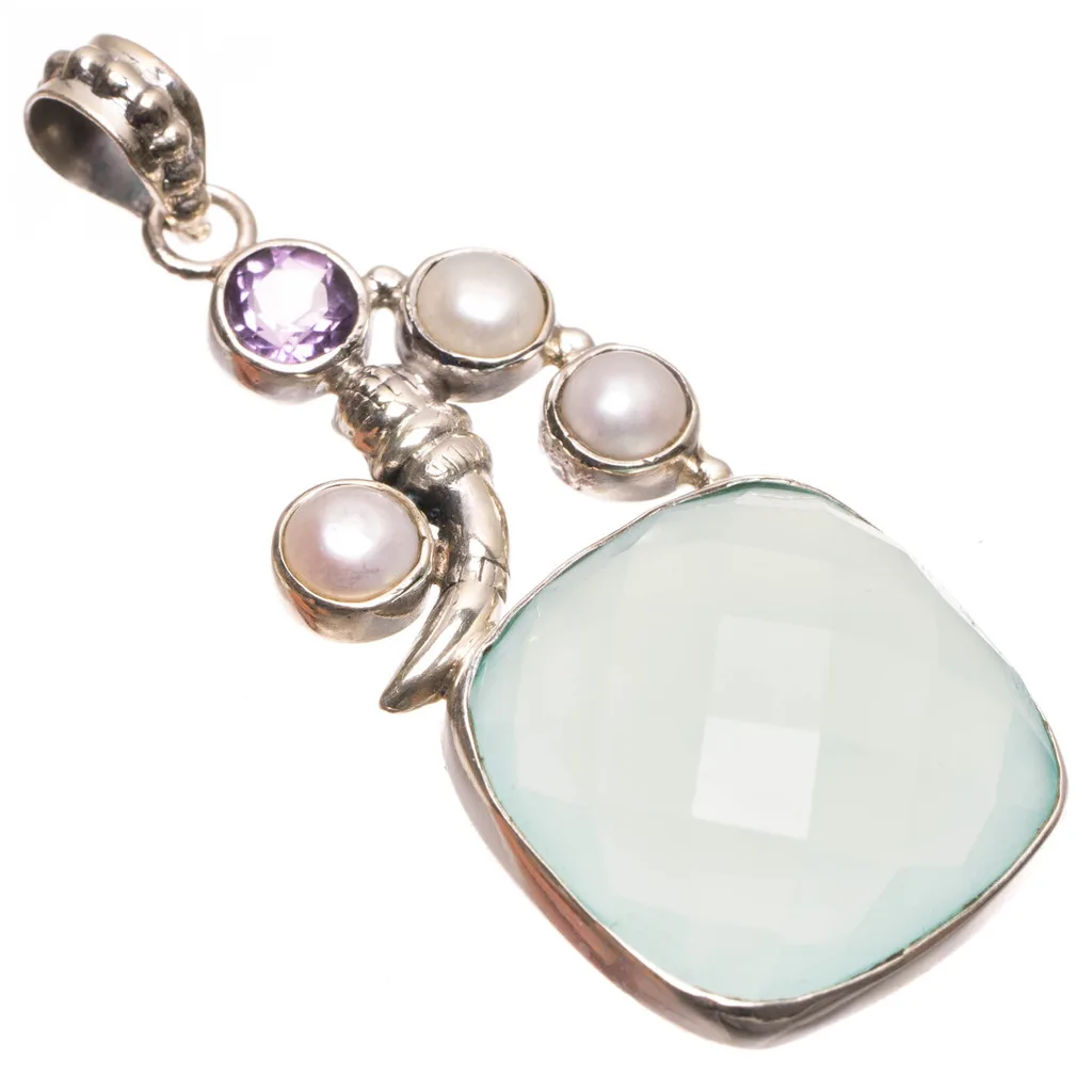 StarGems(tm) Natural Chalcedony River Pearl and Amethyst Punk Style 925 Sterling Silver Pendant 2&quot S1195 | Украшения и
