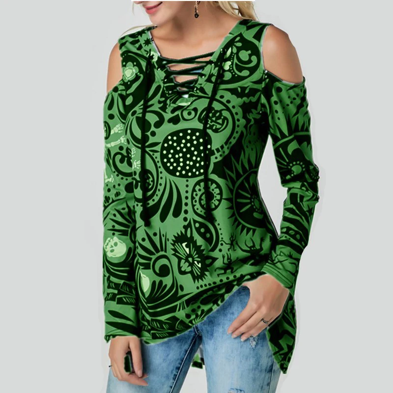 2019 Повседневное V шеи крест накрест до Футболка Женский Череп Printed Cold Shoulder