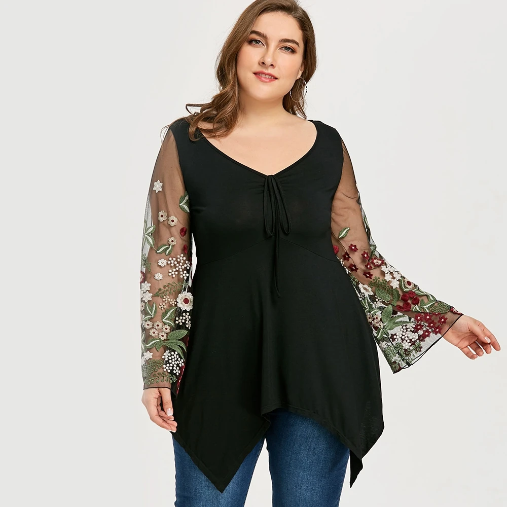 Для женщин 5XL плюс Размеры цветочный сетки Туника Футболка полный v-образным