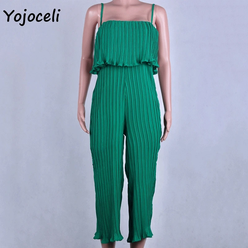 Yojoceli 2019 summer green pleated jumpsuit romper women streetwear wide leg strap female | Женская одежда