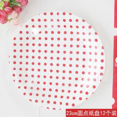 23cm plates 12pcs Наборы одноразовой посуды в красный горошек, бумажные тарелки, подставка для купакаке, пластиковые скатерти для стола, вечерние принадлежности для мероприятий - Цвет: 23cm plates 12pcs