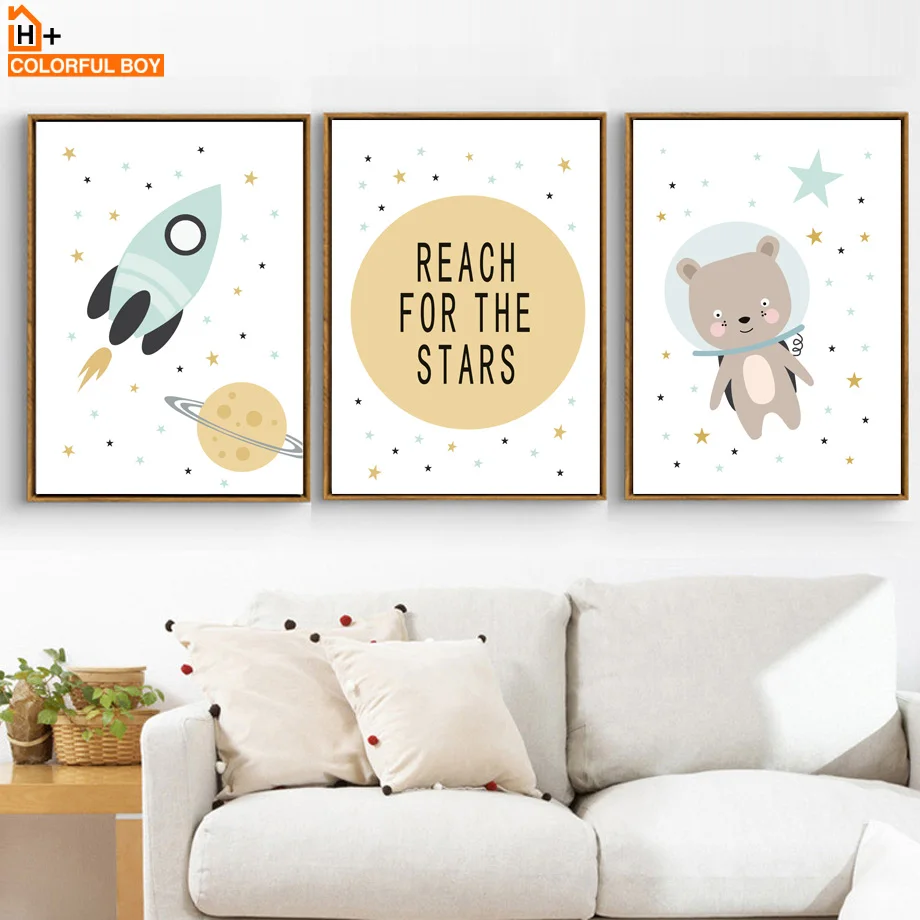 

Bear Rocket Planet Nursery Wall Art Canvas Painting Cartoon Nordic Posters And Prints Wall Pictures For Girl Boy Kids Room Decor