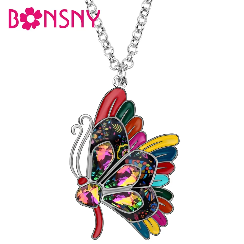 

Bonsny Enamel Alloy Rhinestone Elegant Butterfly Pendant Long Chain Choker Insect Necklace Jewelry For Women Girls Decoration